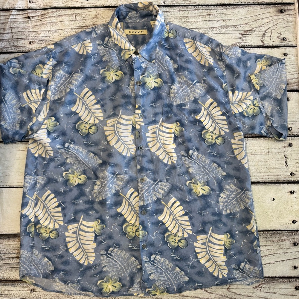 SUMMA Silk Blend Hawaiian Shirt Blue‎ Tropical Aloha Mens Large